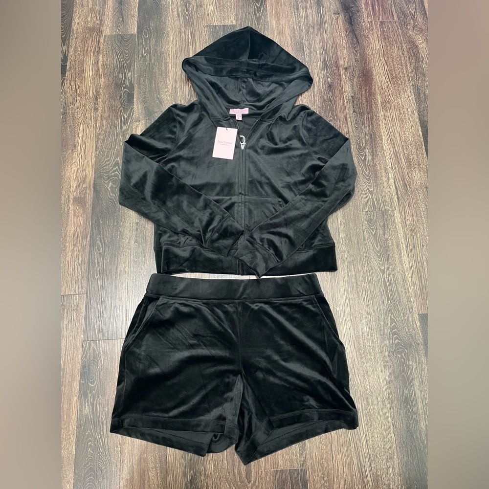 Juicy Couture Velour Tracksuit Jacket Shorts Set Black L NWT Hoodie Lounge Y2K